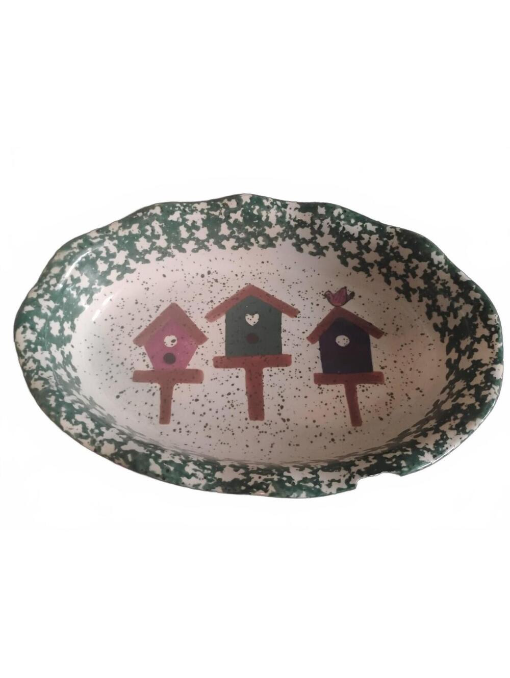 Vintage Green Splatterware Ceramic Birdhouse Serving Bowl / Dish